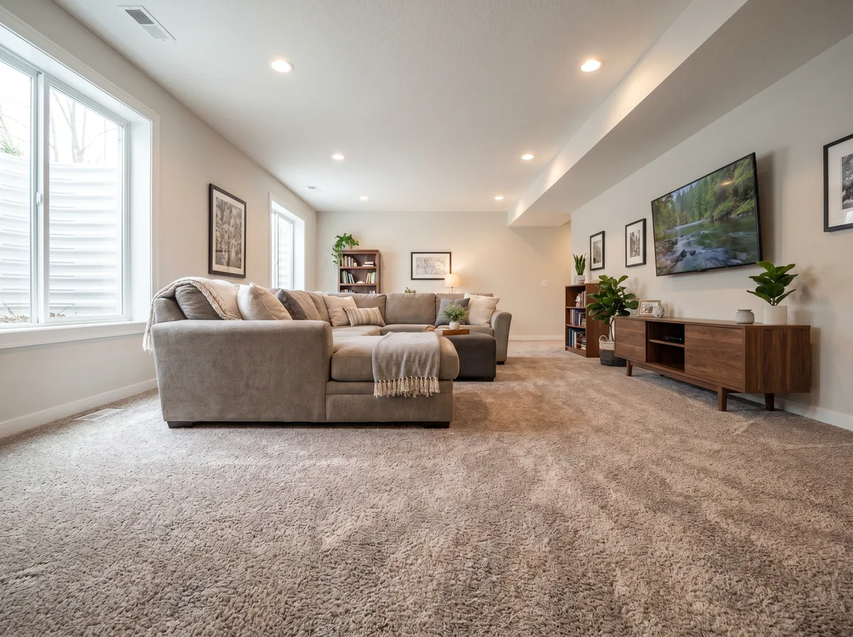 Basement family room with carpet
