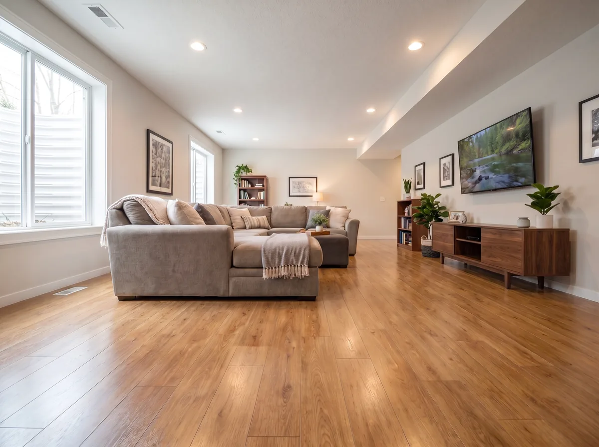 Basement family room with honey-oak laminate