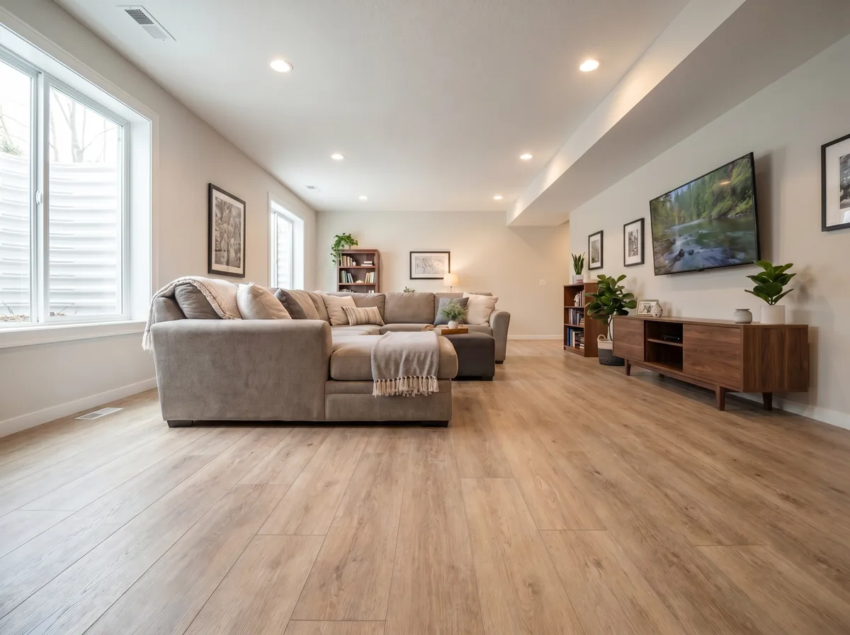 Basement family room with light-oak luxury vinyl plank