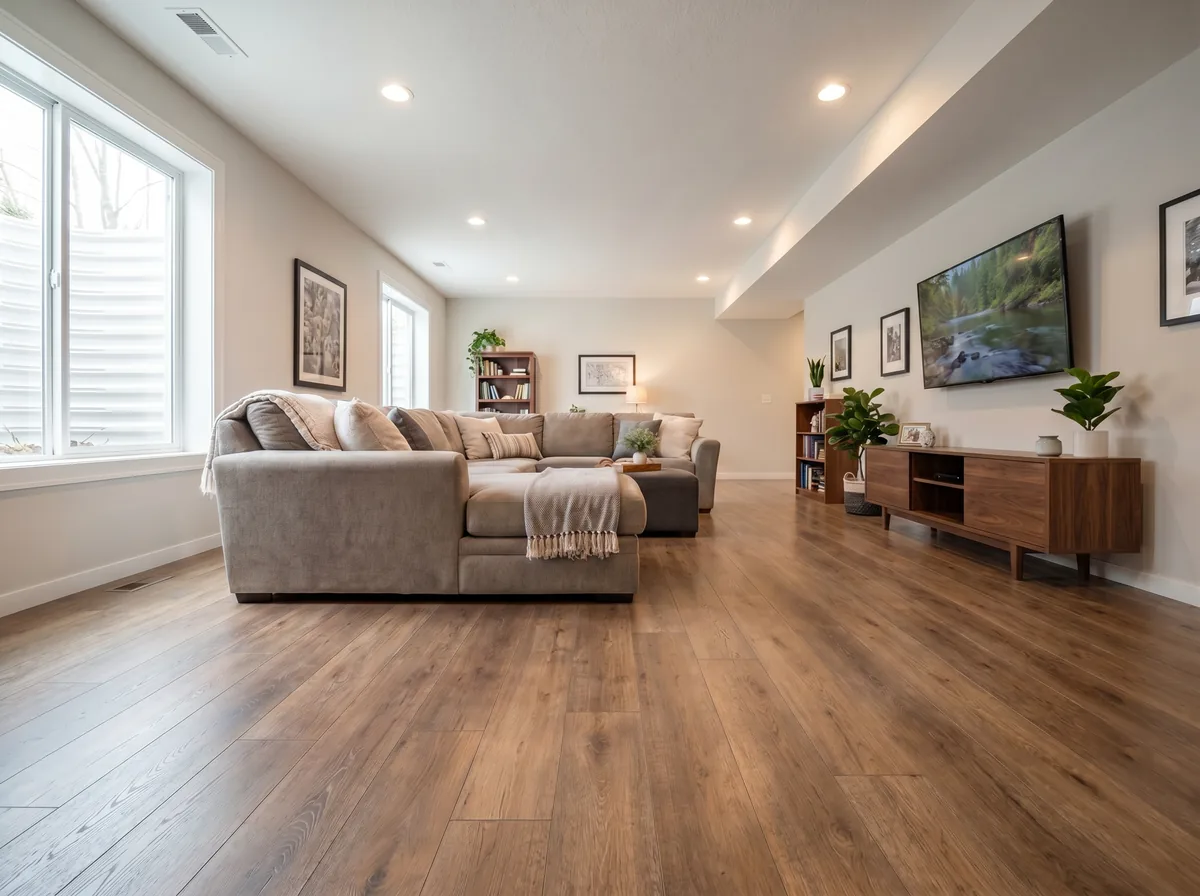 Basement family room with warm-brown engineered oak
