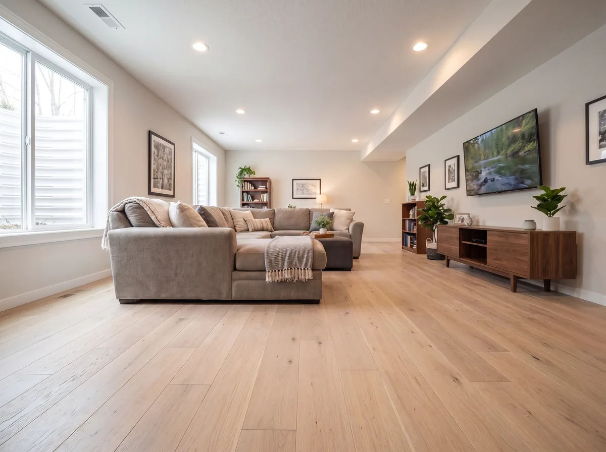 The same basement with natural white oak solid hardwood