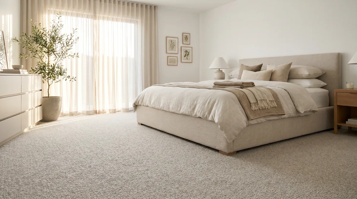 Bedroom with plush pale-greige carpet