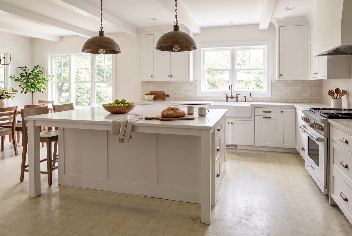 Before: the same kitchen with dated yellowed vinyl