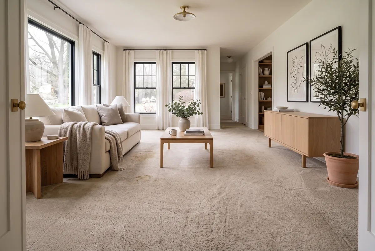 Before: the same living room with worn carpet