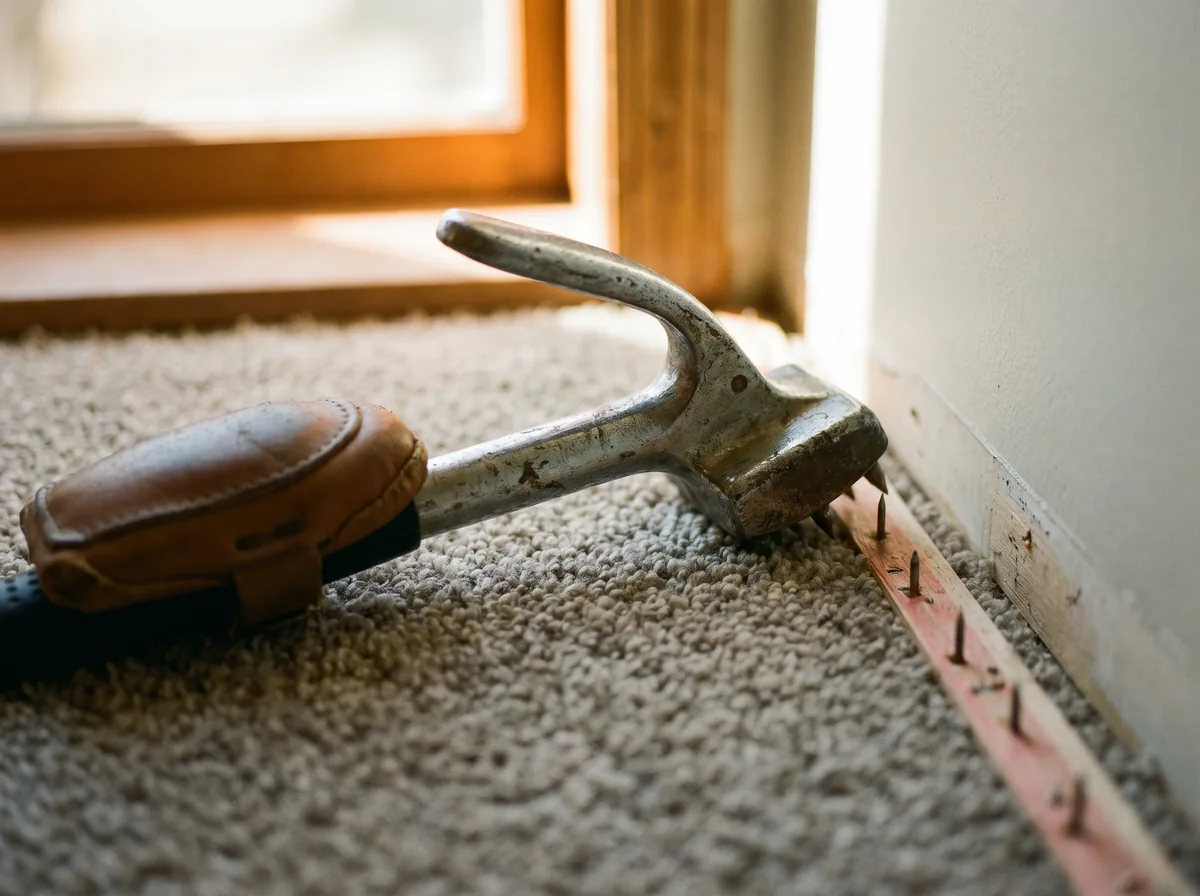 Carpet stretching tool at a freshly finished edge