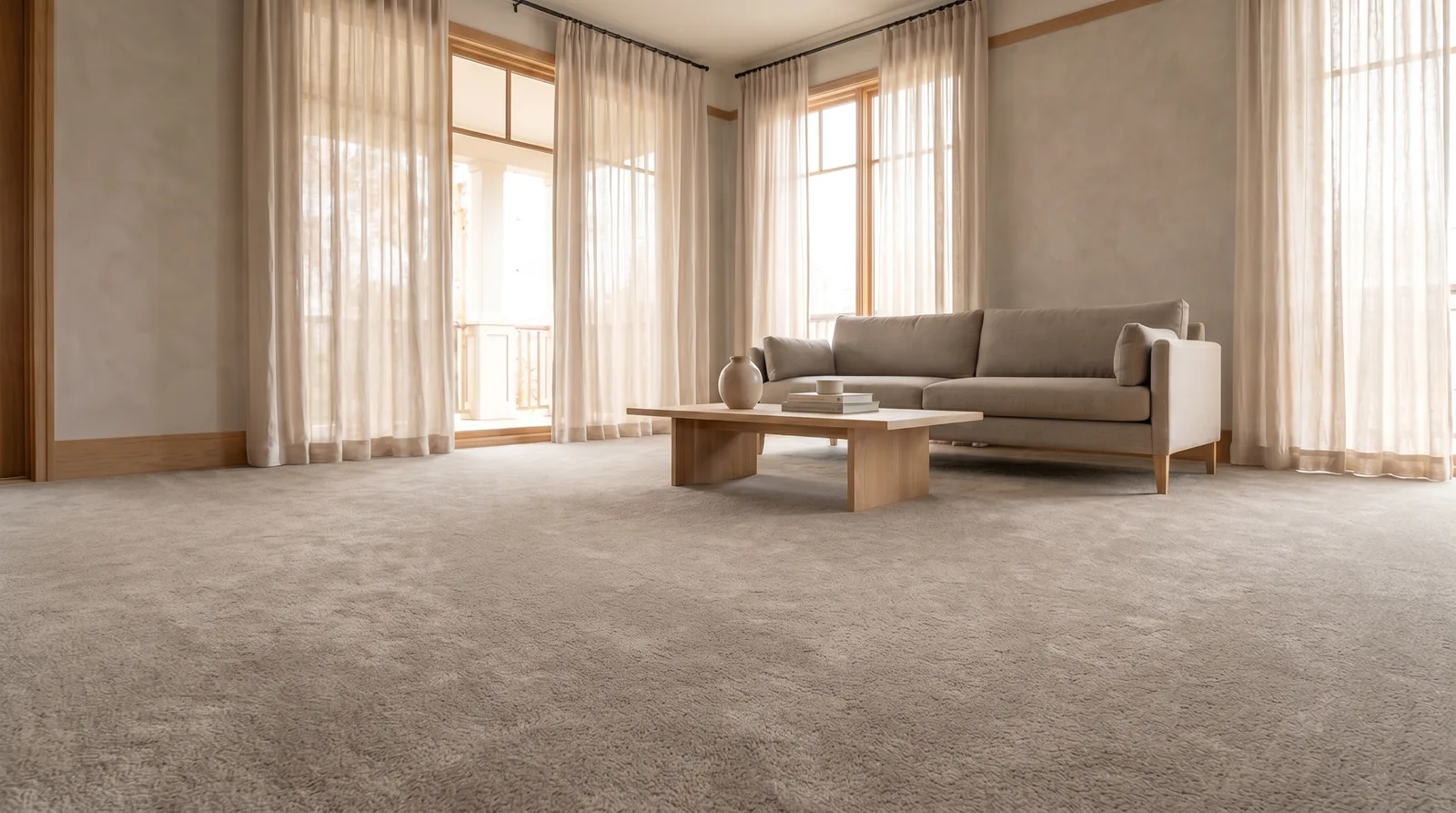 The same living room with plush greige carpet