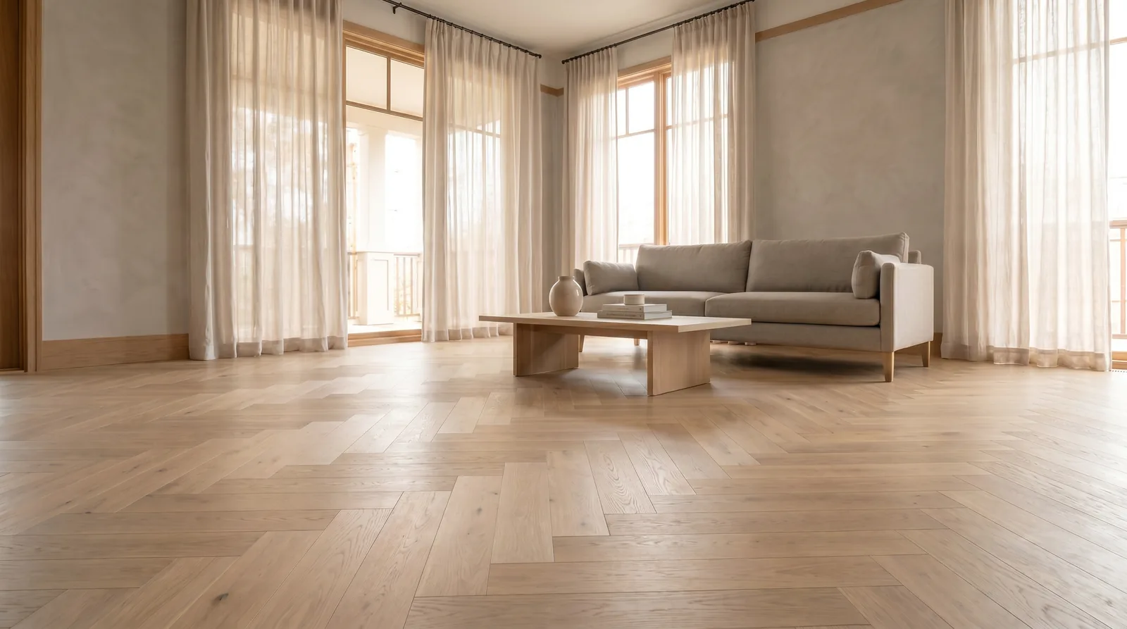 The same living room with herringbone engineered oak