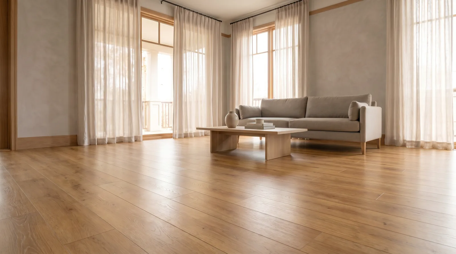The same living room with honey-oak laminate