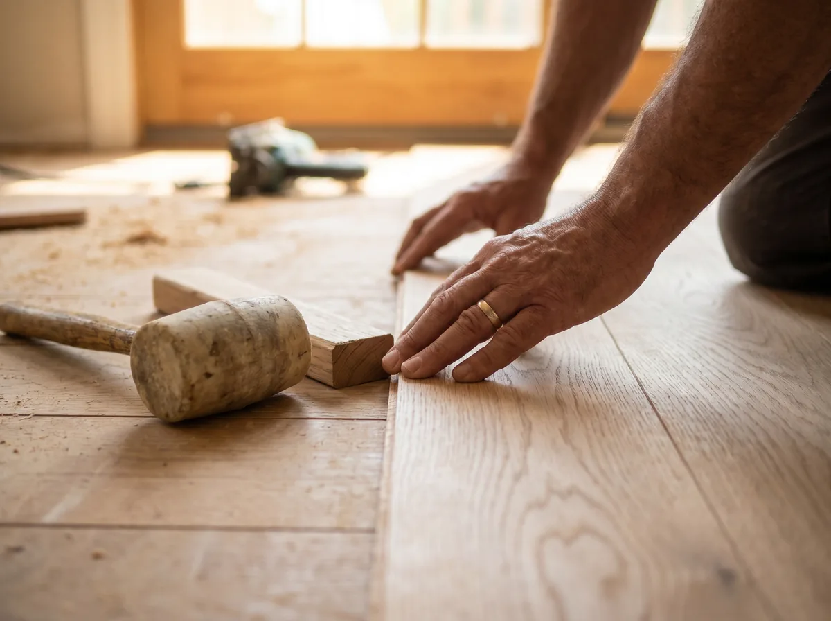 Installer's hands setting a white oak plank