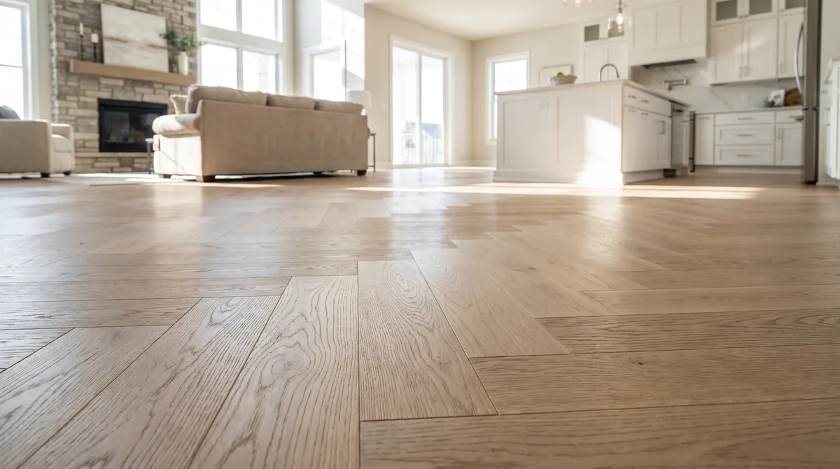 Open-concept space with herringbone engineered oak
