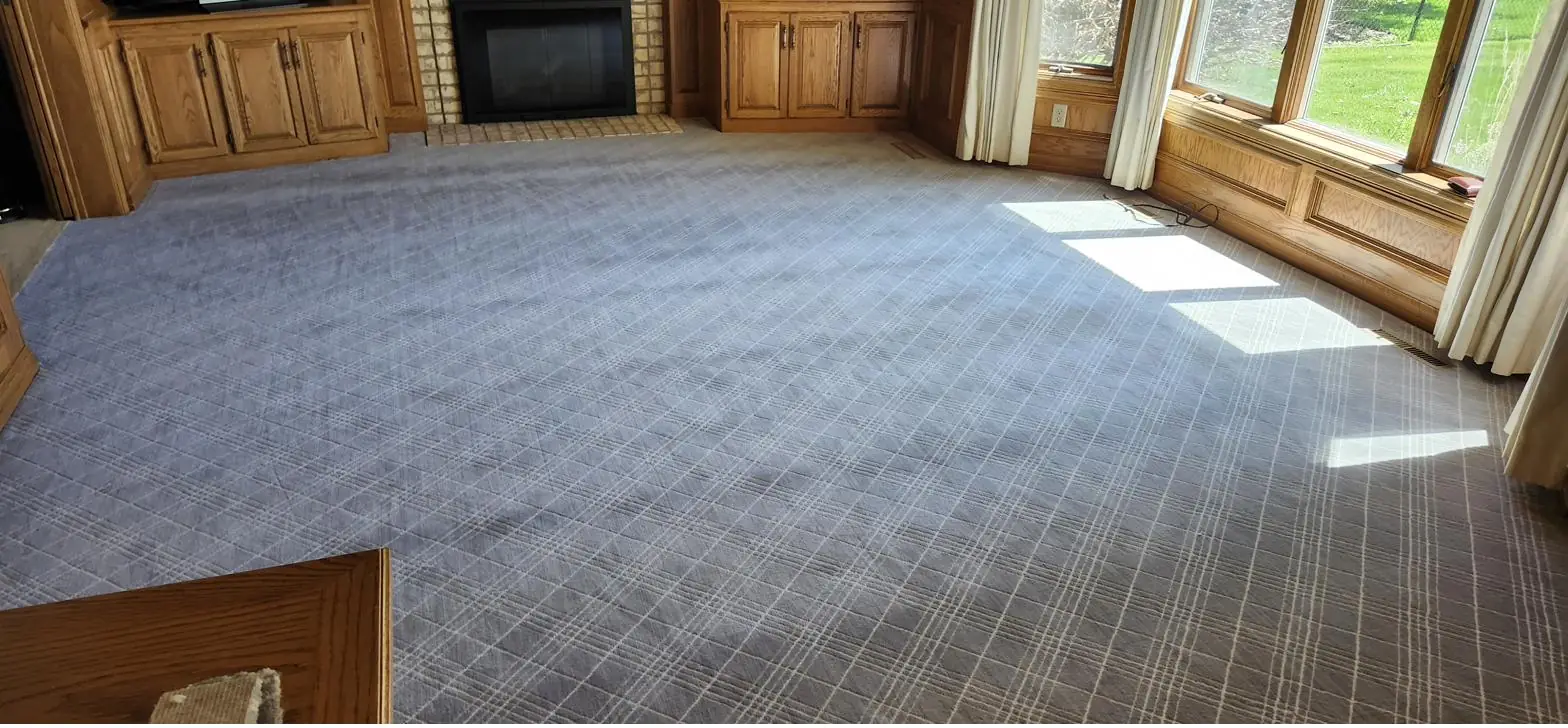 Windowpane-plaid carpet — family room, installed by QFI