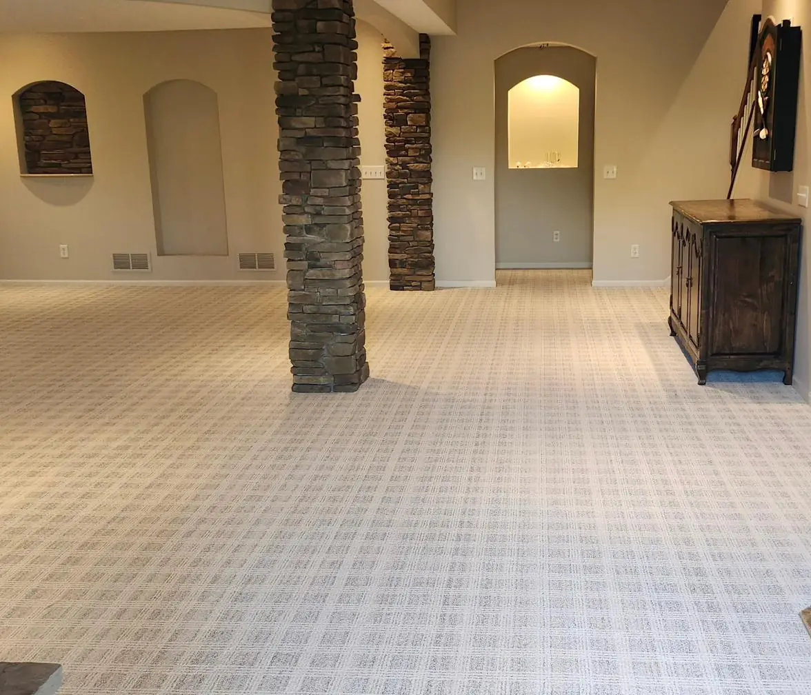 Patterned carpet — lower-level rec room, installed by QFI