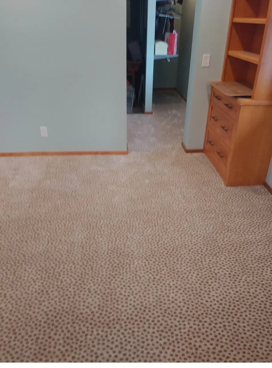Pebble-pattern carpet in a bedroom — a QFI install