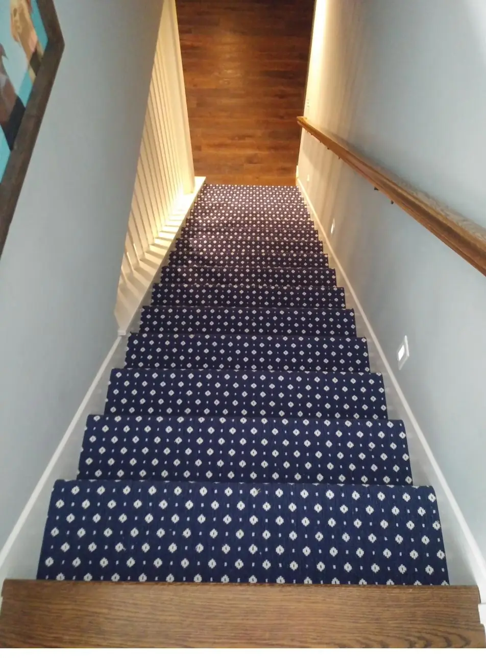 Navy dot runner — wood treads, installed by QFI