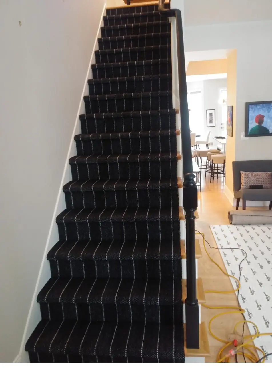 Striped runner — stairs to dining, installed by QFI