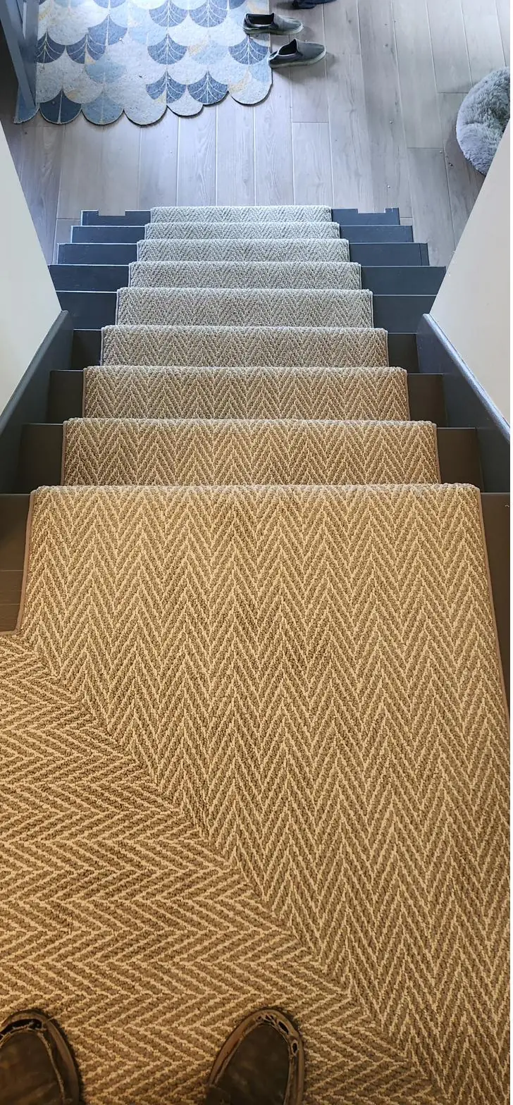 Ribbed beige runner — staircase, installed by QFI