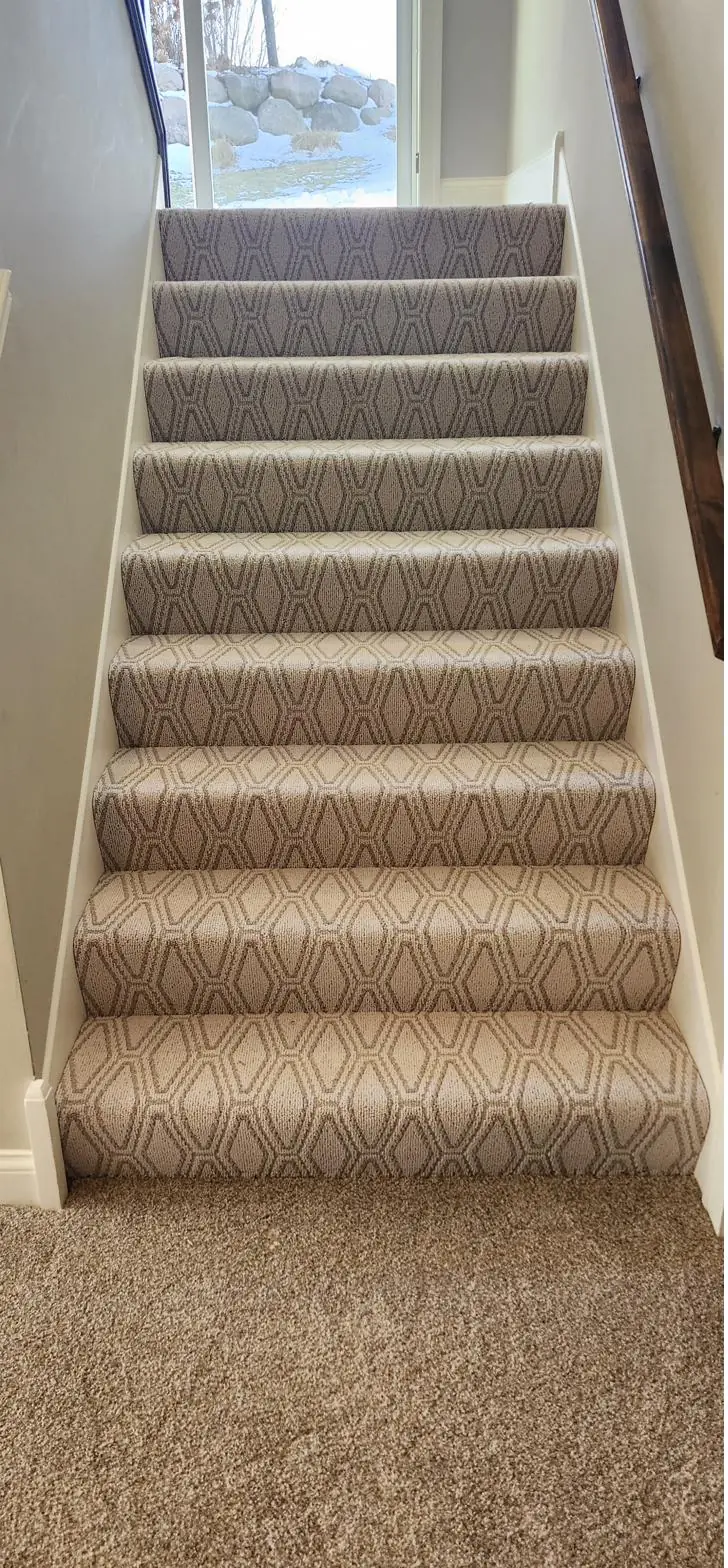 Patterned beige runner — staircase, installed by QFI