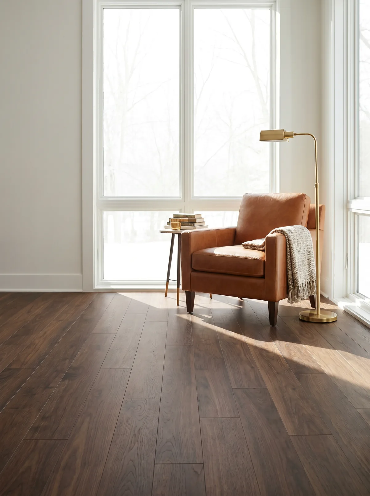 Reading corner with dark walnut-tone engineered flooring