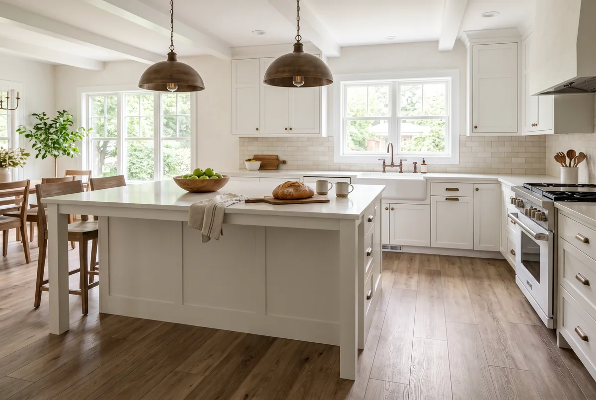 Renovated kitchen with new wood-look luxury vinyl plank