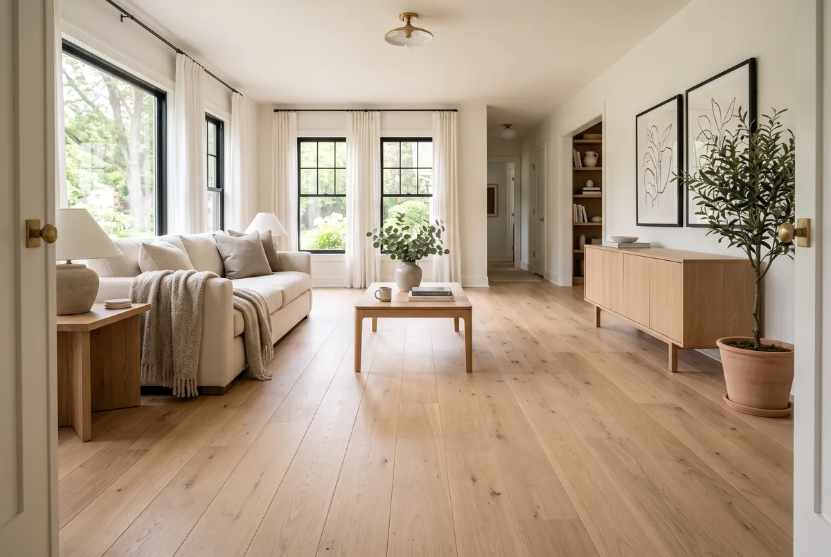Renovated living room with new wide-plank white oak hardwood